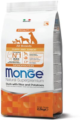 Сухой корм Monge Dog Speciality Line Monoprotein для щенков всех пород утка с рисом и картофелем (фото, вид 3)