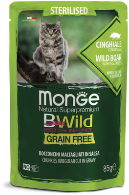 Monge Cat BWild GRAIN FREE паучи из мяса дикого кабана с овощами для стерилизованных кошек (вид 5) Monge Cat BWild GRAIN FREE паучи из мяса дикого кабана с овощами для стерилизованных кошек (фото, вид 5)