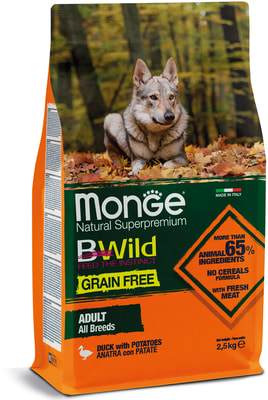 Сухой корм Monge BWild Dog GRAIN FREE беззерновой для собак всех пород утка с картофелем (вид 4) Сухой корм Monge BWild Dog GRAIN FREE беззерновой для собак всех пород утка с картофелем (фото, вид 4)