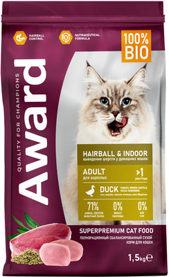 Сухой корм Award Hairball + Indoor для взрослых кошек для выведения шерсти с уткой и индейкой с добавлением зеленой чечевицы и Юкки Шидигера (вид 5) Сухой корм Award Hairball + Indoor для взрослых кошек для выведения шерсти с уткой и индейкой с добавлением зеленой чечевицы и Юкки Шидигера (фото, вид 5)