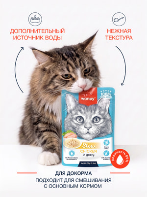 Wanpy Cat Дополнительный консервированный корм пауч для кошек курица в собственному соку (вид 3) Wanpy Cat Дополнительный консервированный корм пауч для кошек курица в собственному соку (фото, вид 3)