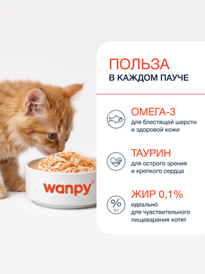 Wanpy Cat Дополнительный консервированный корм пауч для котят нежное рагу из лосося и тунца (вид 1) Wanpy Cat Дополнительный консервированный корм пауч для котят нежное рагу из лосося и тунца (фото, вид 1)