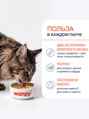 Wanpy Cat Пауч для кошек Бульон с тунцом и креветкой (вид 2) Wanpy Cat Пауч для кошек Бульон с тунцом и креветкой (фото, вид 2)