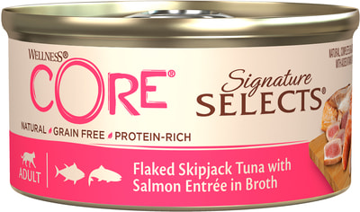 CORE SIGNATURE SELECTS консервы из тунца с лососем в виде кусочков в бульоне для кошек (фото)