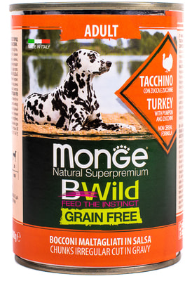 Monge Dog BWild GRAIN FREE беззерновые консервы из индейки с тыквой и кабачками для взрослых собак всех пород Monge Dog BWild GRAIN FREE беззерновые консервы из индейки с тыквой и кабачками для взрослых собак всех пород (фото)