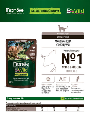 Monge Cat BWild GRAIN FREE паучи из мяса буйвола с овощами для кошек крупных пород Monge Cat BWild GRAIN FREE паучи из мяса буйвола с овощами для кошек крупных пород (фото)