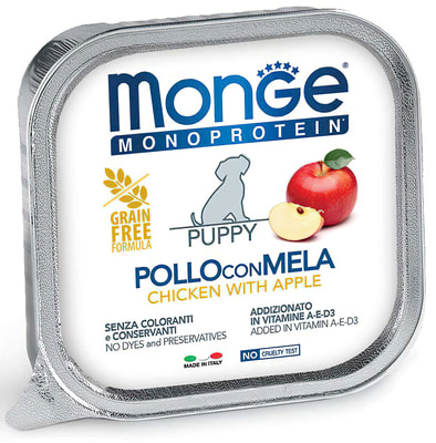 Консервы Monge Dog Monoprotein Fruits для щенков паштет из курицы с яблоком (фото)