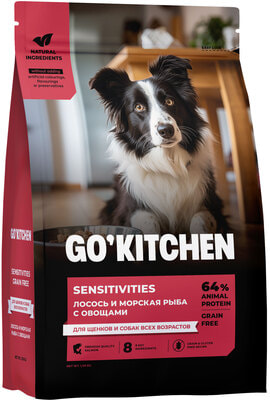 Сухой корм GO'KITCHEN беззерновой для щенков и собак с лососем и морской рыбой для чувствительного пищеварения, SENSITIVITIES Seafish Сухой корм GO'KITCHEN беззерновой для щенков и собак с лососем и морской рыбой для чувствительного пищеварения, SENSITIVITIES Seafish (фото)