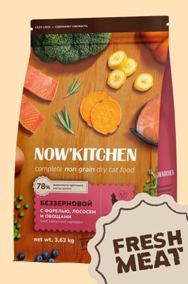 ����� ���� NOW'KITCHEN ����������� ��� �������� ����� �� ������ �������, ������� � �������, Fresh Grain-free Recipe Trout+Salmon, Adult (����)