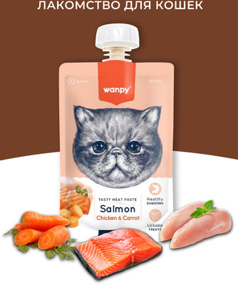 Wanpy Cat Лакомство для кошек Мясной мусс из лосося и курицы с морковью Wanpy Cat Лакомство для кошек Мясной мусс из лосося и курицы с морковью (фото)