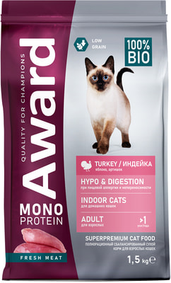 Сухой корм Award Monoprotein для взрослых кошек из индейки с добавлением яблока и артишока Сухой корм Award Monoprotein для взрослых кошек из индейки с добавлением яблока и артишока (фото)