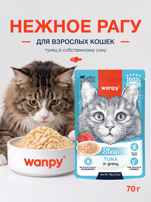 Wanpy Cat Дополнительный консервированный корм пауч для кошек тунец в собственному соку Wanpy Cat Дополнительный консервированный корм пауч для кошек тунец в собственному соку (фото)