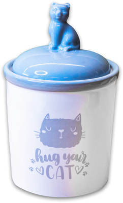 КерамикАрт Бокс керамический для хранения корма Hug your cat бело-серый (фото)